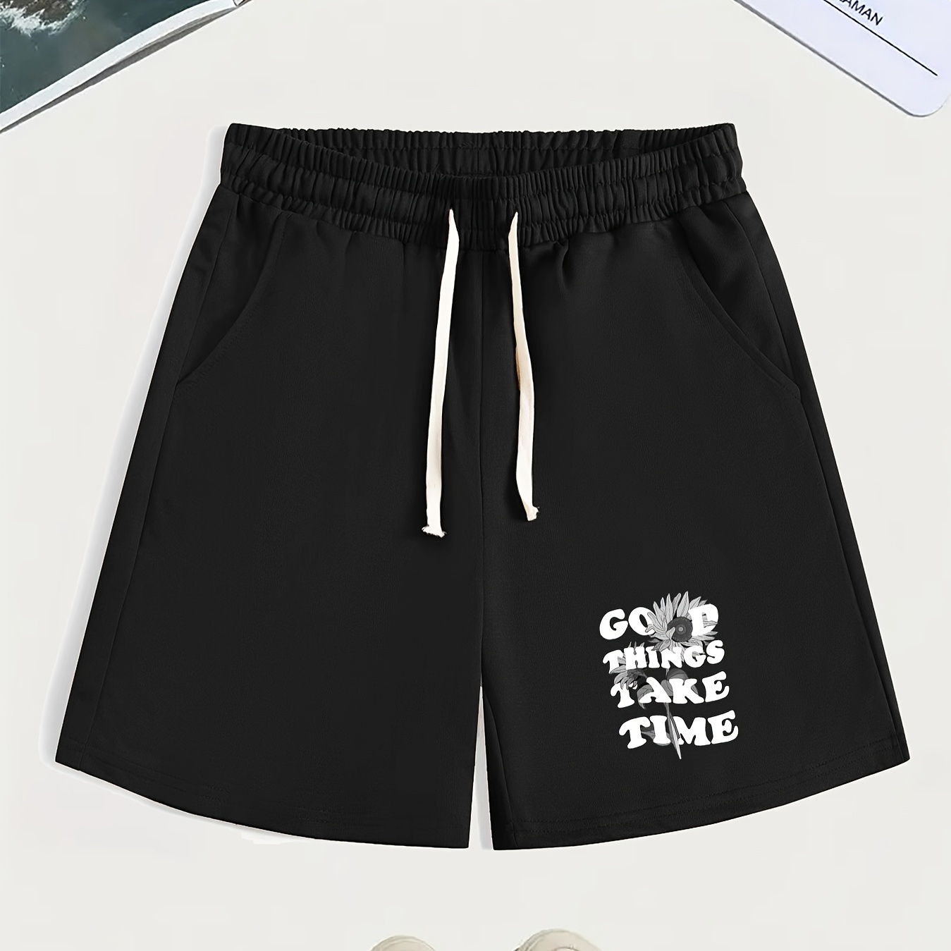 

Good Things Take Time Print Men's Drawstring Pants Loose Casual Waist Trousers Simple Style Comfy Shorts For Spring Summer Outdoor Fitness