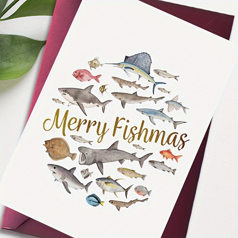 

1pc, Christmas Card, The Picture Shows Various Fish And Turtles Arranged In A Circular Pattern, Combining Traditional Christmas Elements With Marine Life. Suitable For Gifting To Family And Friends