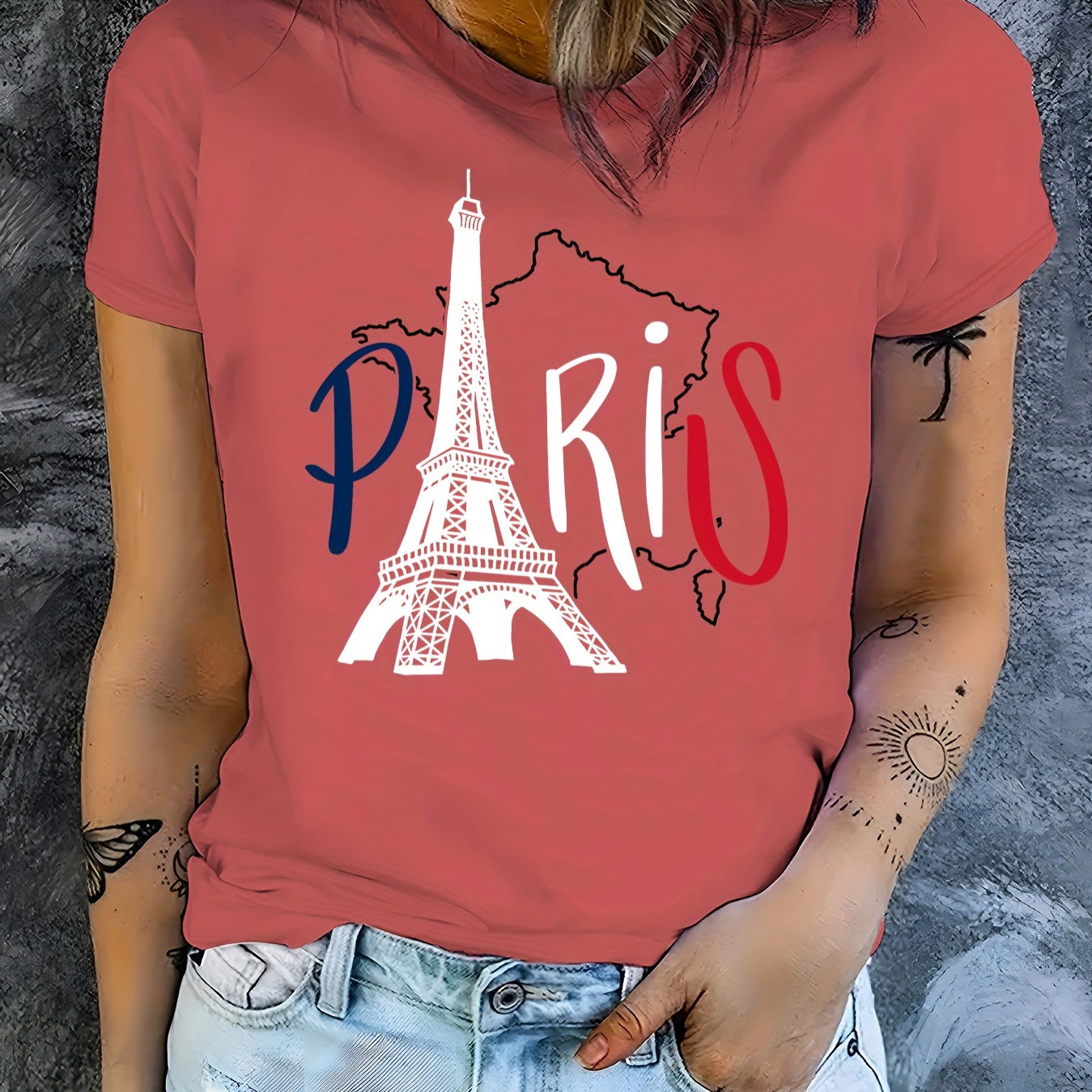 

] Women's Paris Print T-shirt - Short Sleeve, Crew Neck, Casual In With Blue, White, And Red Stripes, Relaxed Fit Tee|short Sleeve Top|nontransparent Material