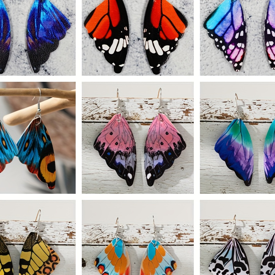 

9 Pairs/ Set Colorful Butterfly Wing Design Dangle Earrings Elegant Boho Style Pu Leather Jewelry Trendy Female Gift