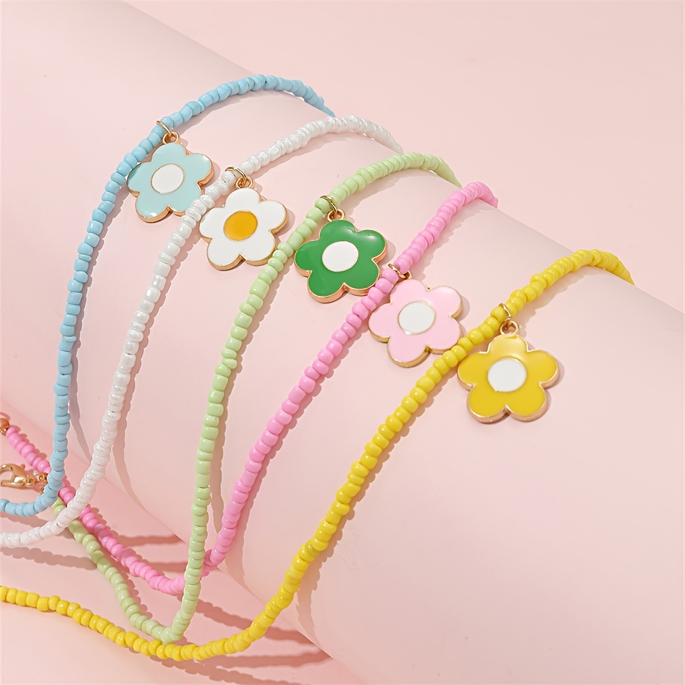 6pcs Girl's Cute Pretty Flower Daisy Pendant Multicolor Beaded Bracelet Set for Children for Summer Decor, Color Random,Temu