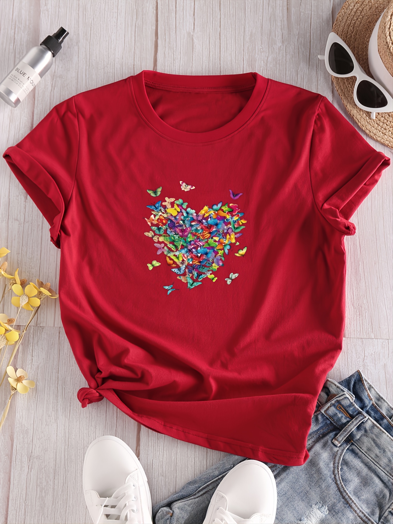 Casual Heart Print T shirt Crew Neck Loose Short Sleeve - Temu