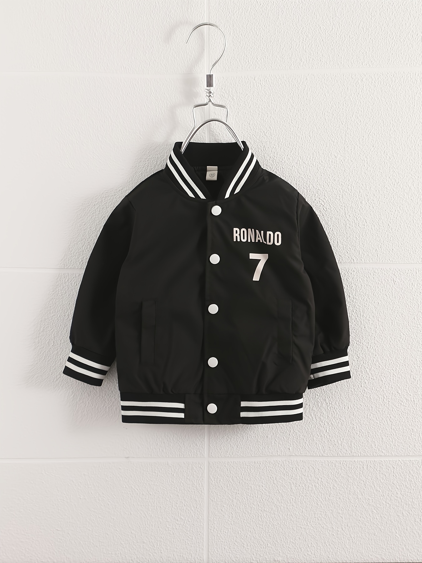 Boys Letter Number Print Striped Trim Baseball Jacket