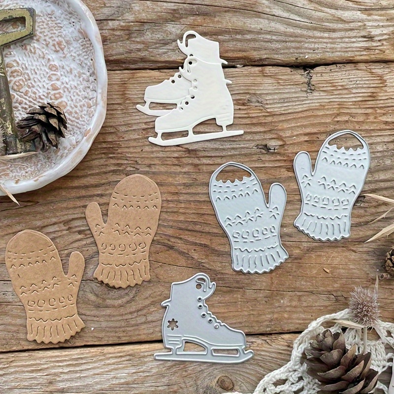 

Winter Metal Cutting Dies Set - 3.19x2.72" Gloves & Snow Skates Design For Diy Scrapbooking, Card Making & Crafts, Photo Album Gift Wishes, Holiday