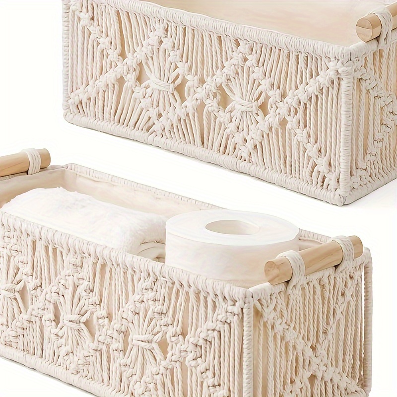 

1pc Bohemian Hand- Basket With Wooden Handles - Chic Polyester Organizer For Bathroom, Bedroom & Living Room Decor, Fragrance-free, Bathroom Organizers And Storage