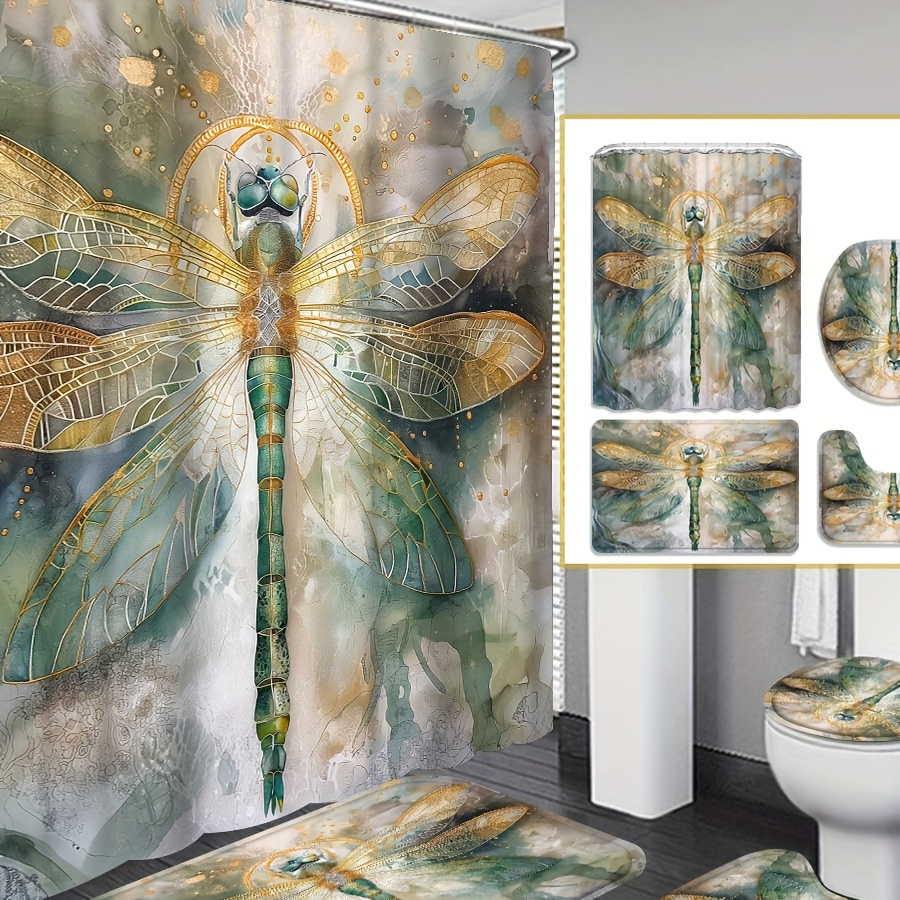 

1pc/4pc70.8in×70.8in Dragonfly Print Shower Curtain Set, Decorative Floor Mat And Toilet Seat Mat, Free 12 Shower Curtain Hooks