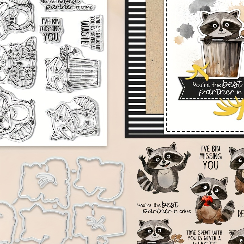 

Cute Cartoon Little Raccoon Cutting Dies Clear Stamp Set Diy Scrapbooking Supplies Knife Mold Metal Dies Silicone Stamp For Cards Albums Crafts Decor