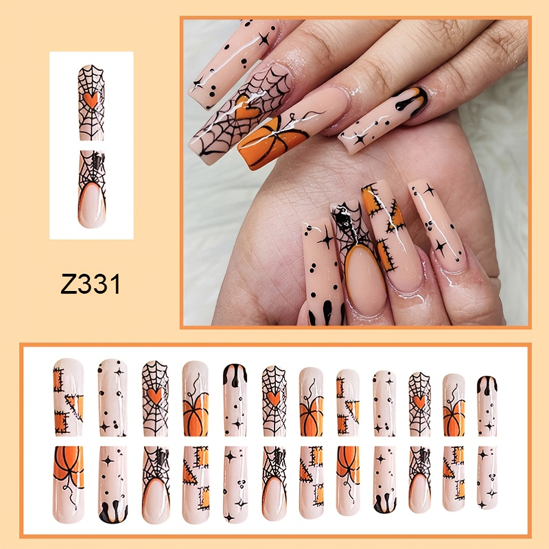  24 Pcs Long Coffin Fake Nails Halloween Press on Nails Cute  False Nails with Ghost Spider Web Moon Stars Designs Glossy Acrylic Nails  Full Cover Nude Glue on Nails Halloween Stick