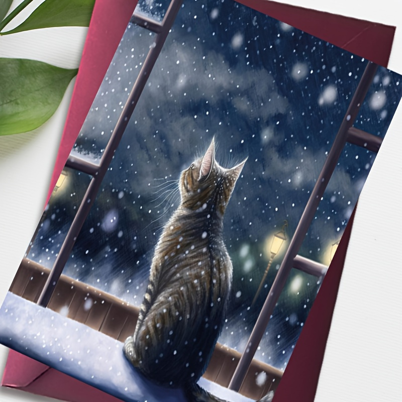 

1pc Christmas Greeting Card With Envelope - Snowy Night Window Cat Scene - Holiday Card For Family And Friends - Seasonal Mystery And Warmth Atmosphere