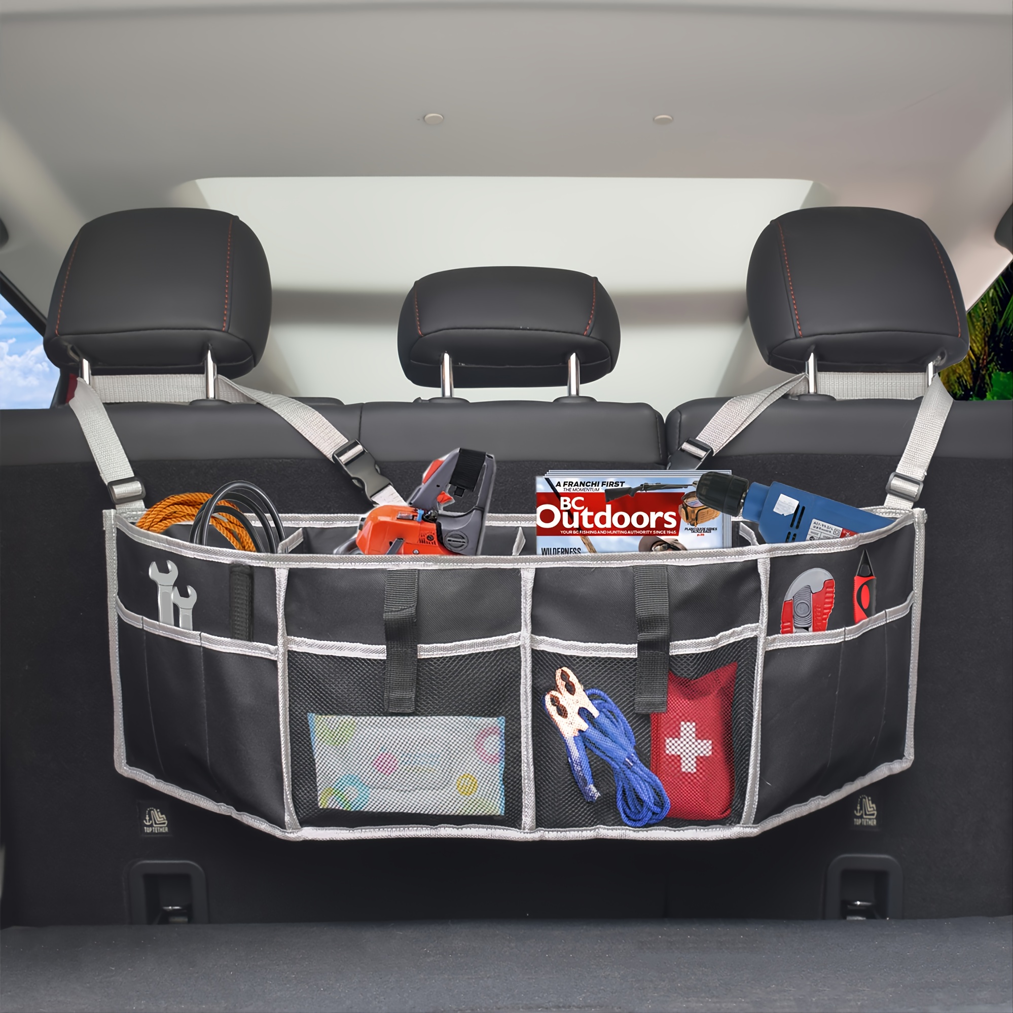 Backseat Trunk Organizer for SUV, Car Hanging Organizer, Foldable Cargo Storage Bag with 12 Pockets, Adjustable Strap for Most Vehicles