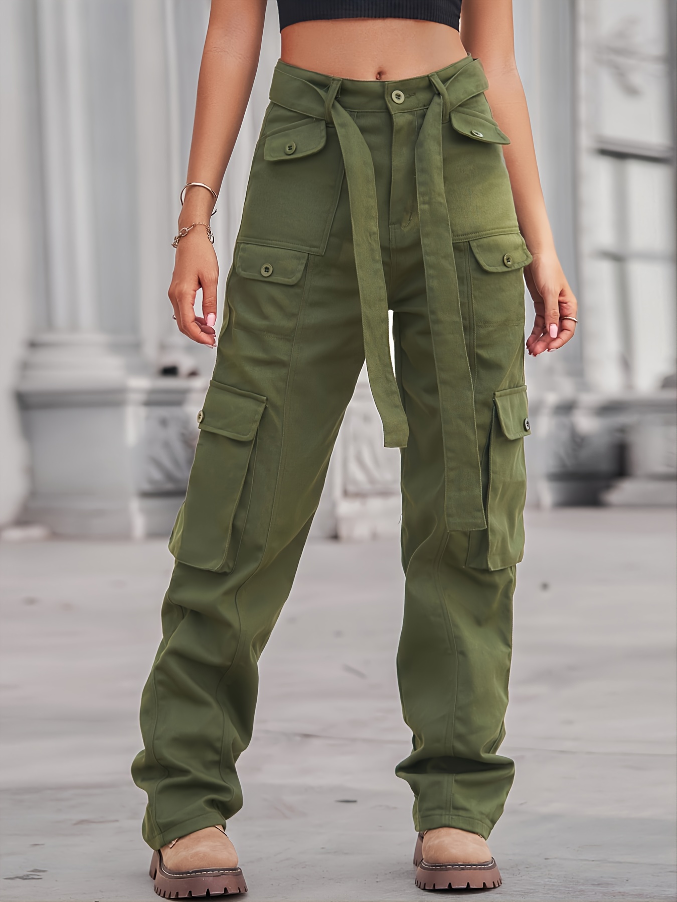 Multi-Pocket Baggy Cargo Pants, Loose Fit Non-Stretch With Belt ...