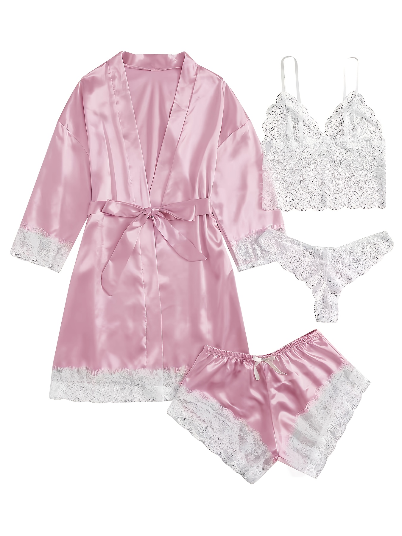 valentine's day Satin Stitching Beauty Back Pajamas Set, Soft Back Cross  Bands Lace Hollow Top & Loose Shorts, Women's Lingerie & Sleepwear