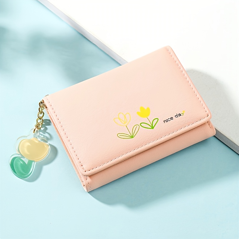 Cute Small Wallet For Girls Women PU Leather Two Folded Flowers Pocket With Card  Holder Slim Short Wallet 