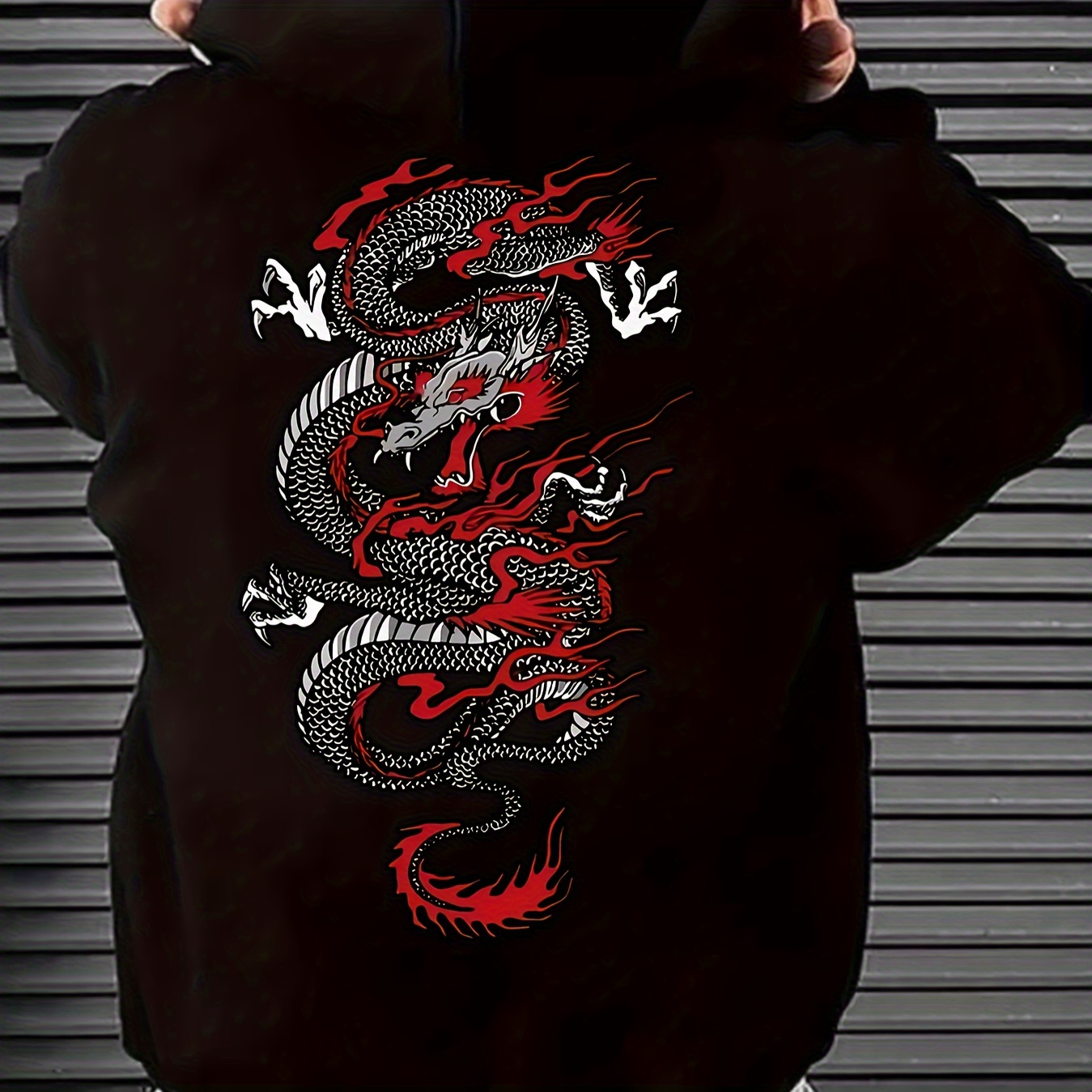 

Men's Casual Hoodie With Geometric Dragon Print - Polyester, Pockets, Machine Washable - Spring, Fall & Outdoor Activities