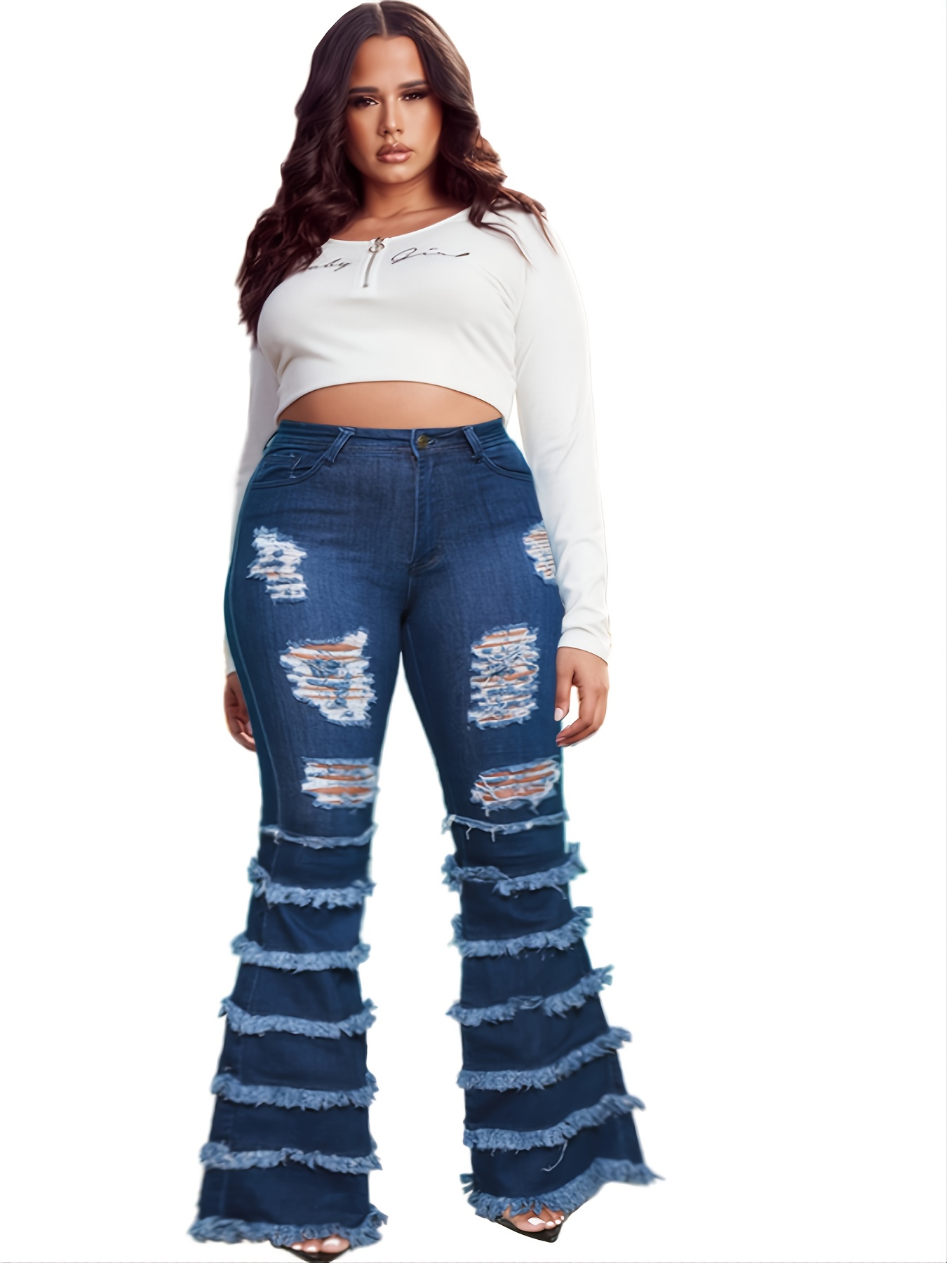 Plus Size High Rise Ripped Flared Jeans, Women's Plus Medium Stretch Casual Flared  Denim Pants - Temu