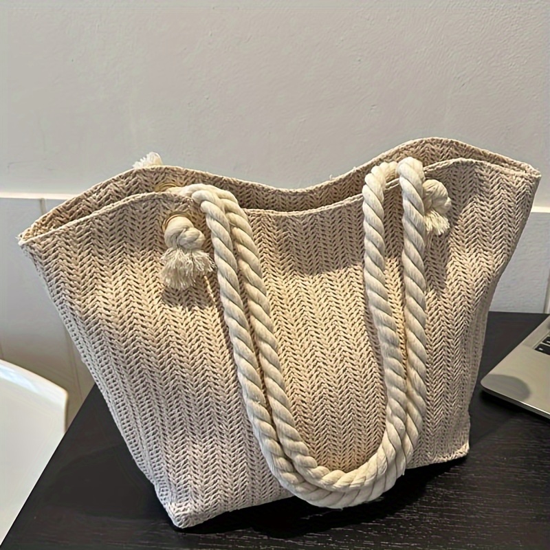 

Large Capacity Woven Tote Bag, Fashionable Versatile Rope Shoulder Bag, Casual Vacation Beach Handbag