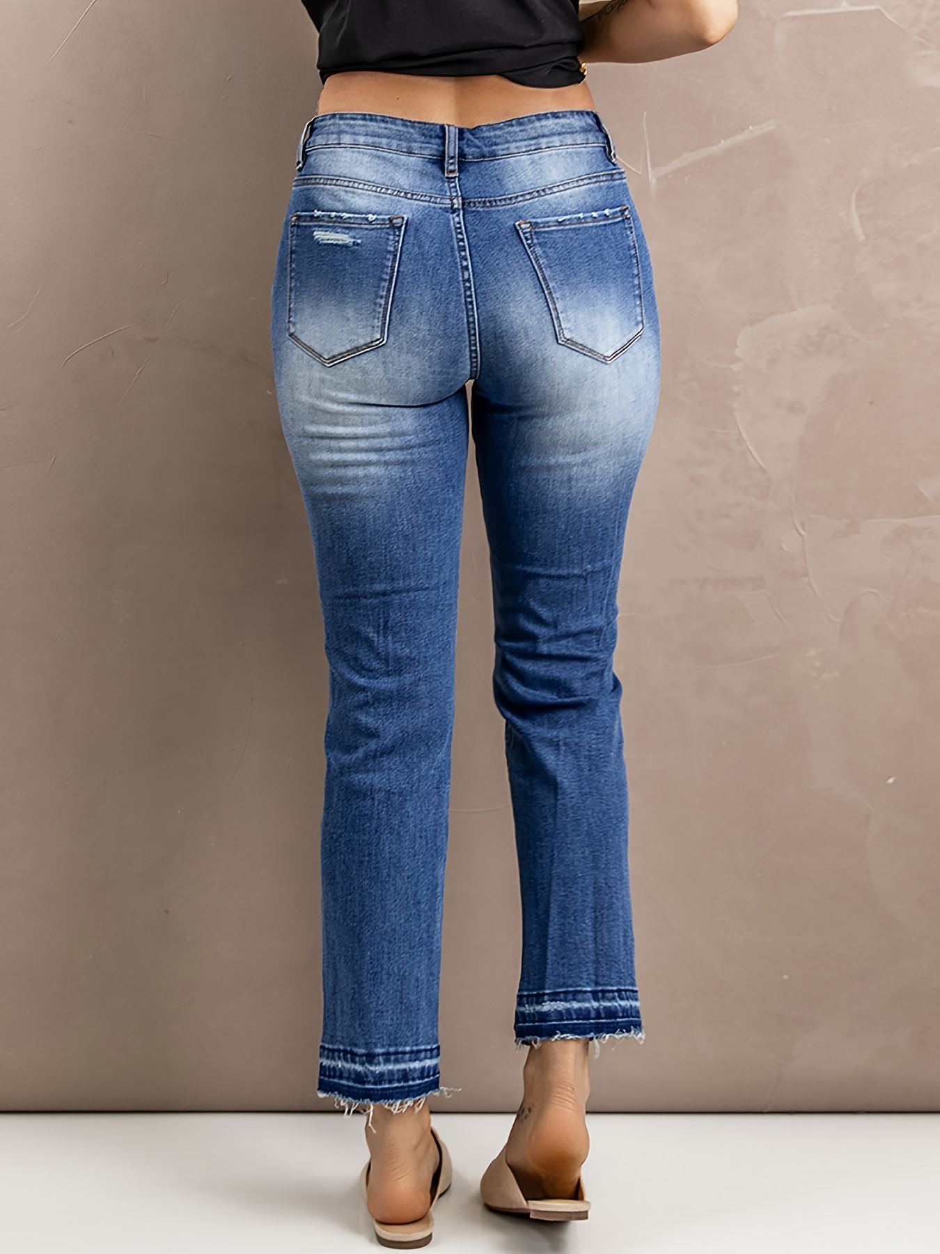 Dark Blue Ripped Straight Jeans, Distressed Loose Fit Slash Pockets Denim  Pants, Women's Denim Jeans & Clothing