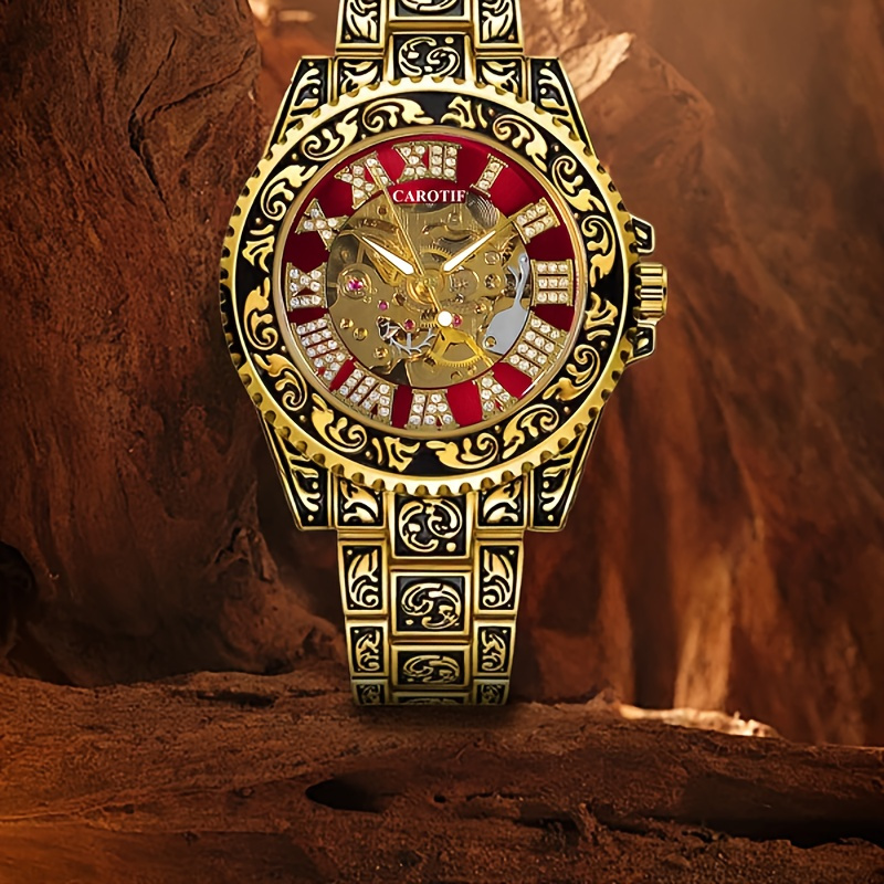 

1pcs Men's Gold Red Retro Fashion Diamond Mechanical Watch