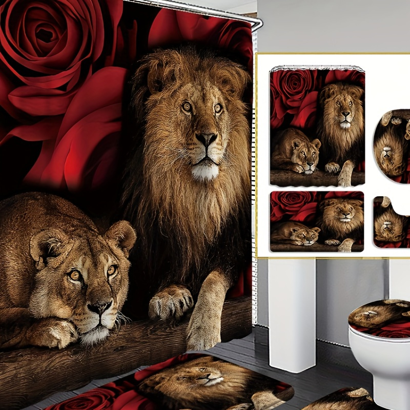 

4pcs Lion Curtain Shower Curtain Decoration, Beautiful Housewarming Gift, Modern Home Decoration, Waterproof Shower Curtain And Toilet Floor Mat With 12 Shower Curtain Hooks