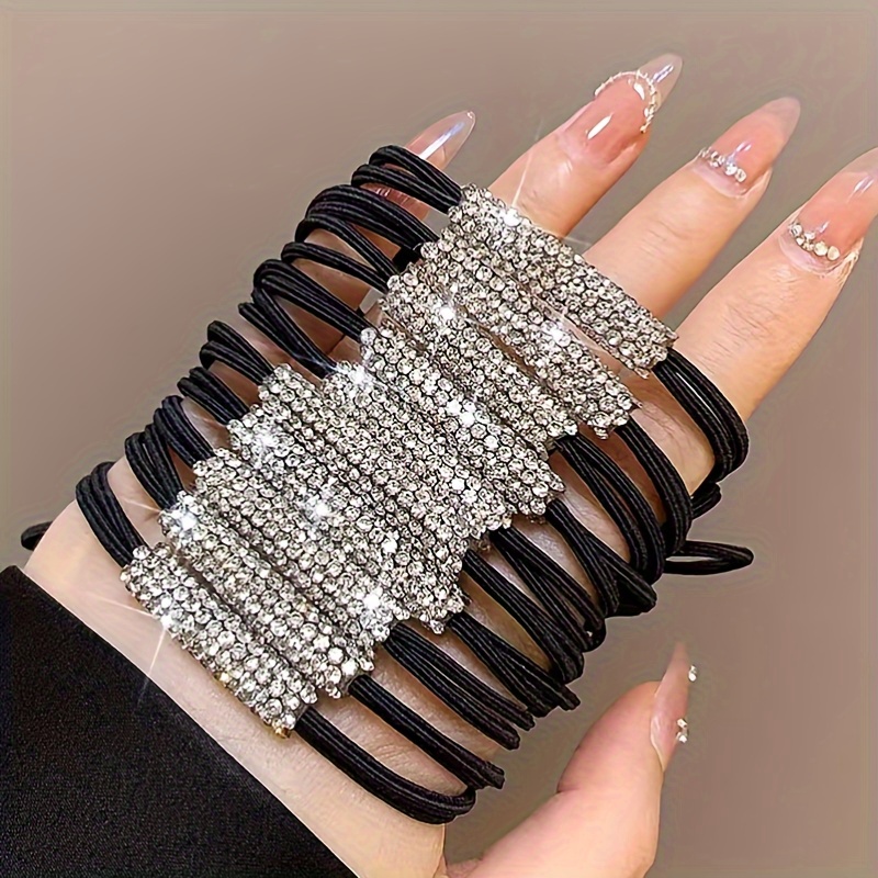 TEMU 10pcs Himop Elegant Black Hair Ties With Sparkling Rhinestones - Durable Polyester Elastic Bands For Stylish Ponytails & Buns, Fashionable Hair Accessories For Girls, Himop