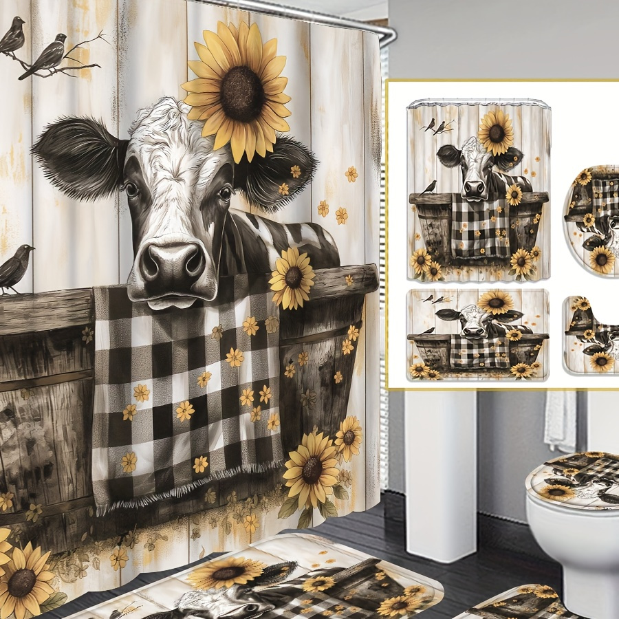 

1pc/4pc 70.8in×70.8in Bathtub Cow Print Shower Curtain Set, Modern Bathroom Decor Floor Mat And Toilet Seat Cover, Comes With 12 Shower Curtain Hooks