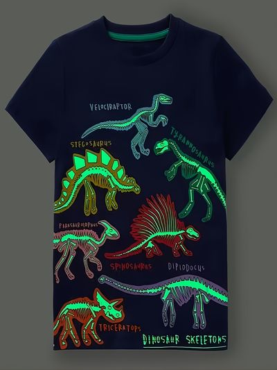 Kids Short Sleeve Dinosaurs Glow-in-the-dark Round Neck T-Shirts Top Boys And Girls Kids Clothes