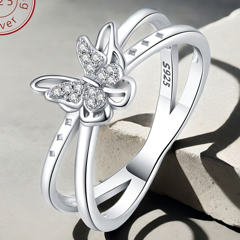 

Miseff Genuine 925 Sterling Silver Hollow Stone Butterfly Double Row Ring Suitable For Daily And Holiday Women's Luxury Fashion Jewelry Gifts