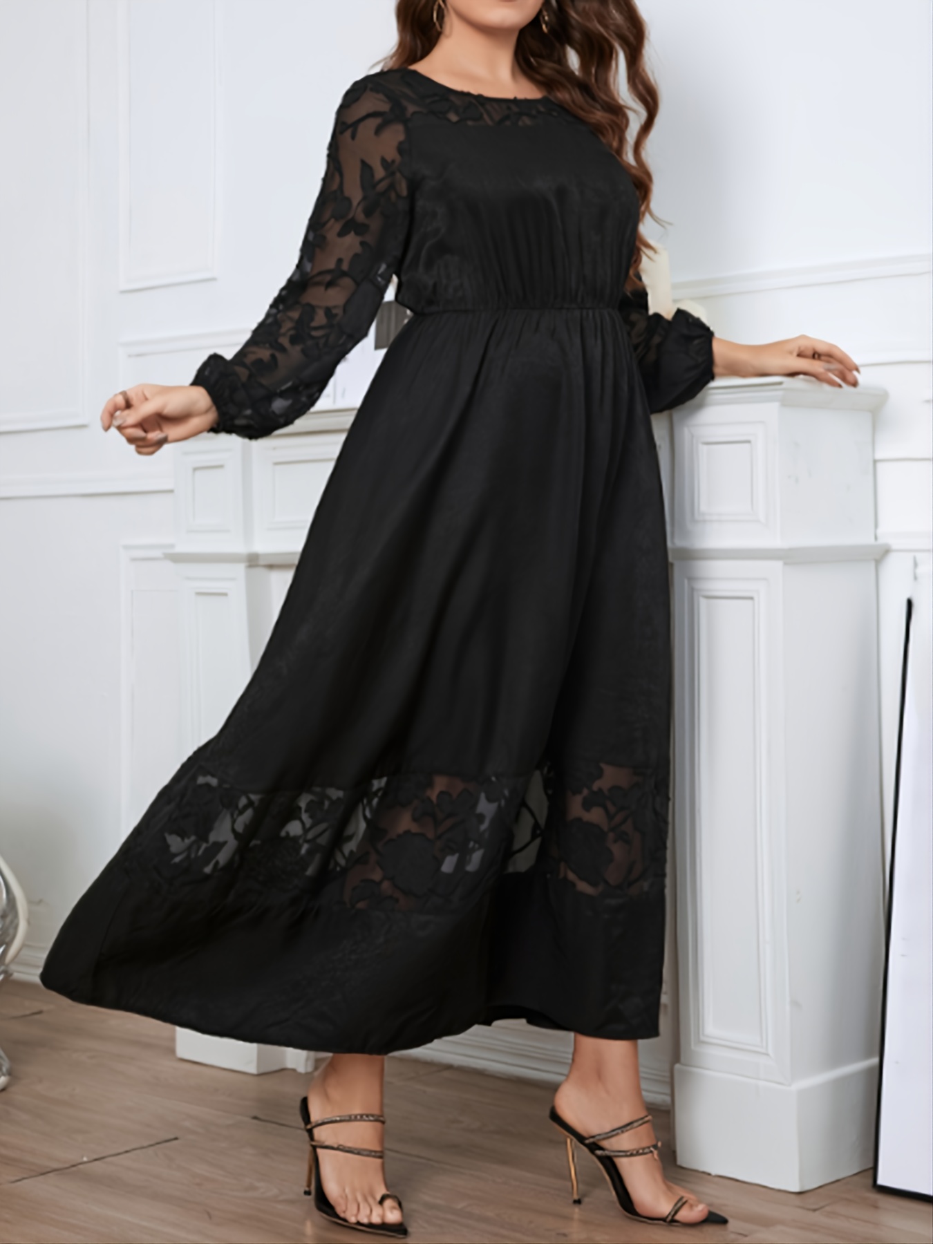 Contrast Lace Maxi Dress Elegant Crew Neck 3/4 Sleeve Dress - Temu