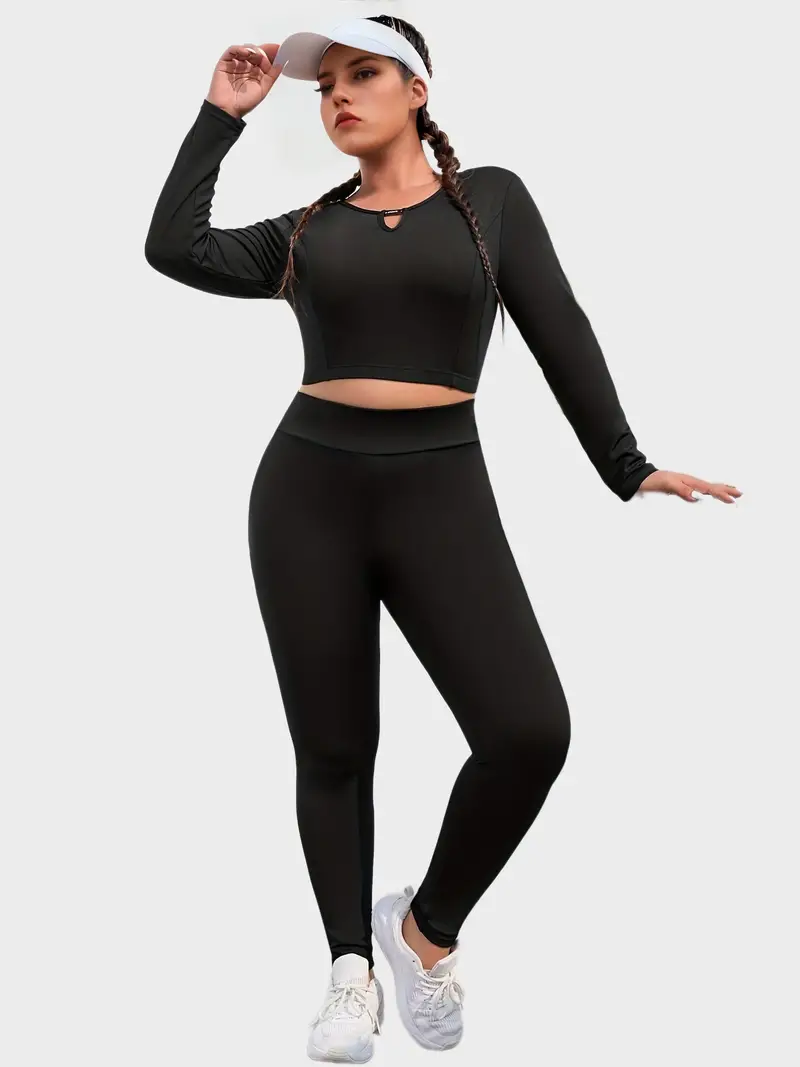 plus size sports outfits two piece set womens plus cut out solid long sleeve round neck high stretch top leggings outfits 2 piece set details 2