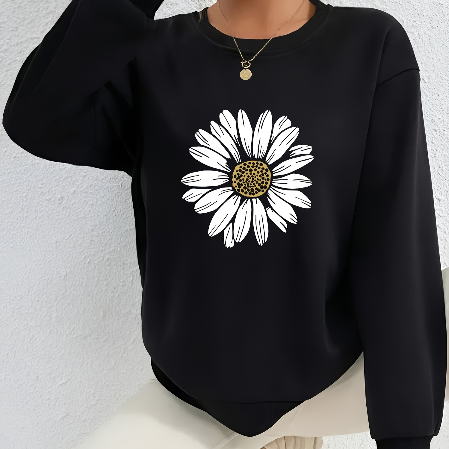 

Elegant Crew Neck Daisy Print Sweatshirt For Women - Polyester Knit Fabric, Long Sleeve Casual Pullover For Fall/winter