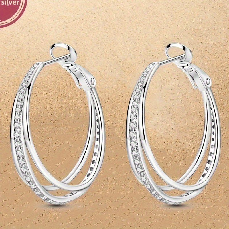 

4.5g 925 Sterling Silver Shining 3 Ring Ear Buckle Earrings Charms For Women Fashion Accessories Holiday Gift Fine Jewelry 1 Pair Of Earrings