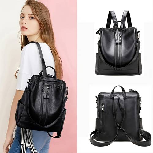 Soft Black Zipper Backpack, Women's Fashion Faux Leather Backpack With Adjustable Strap For Work & School