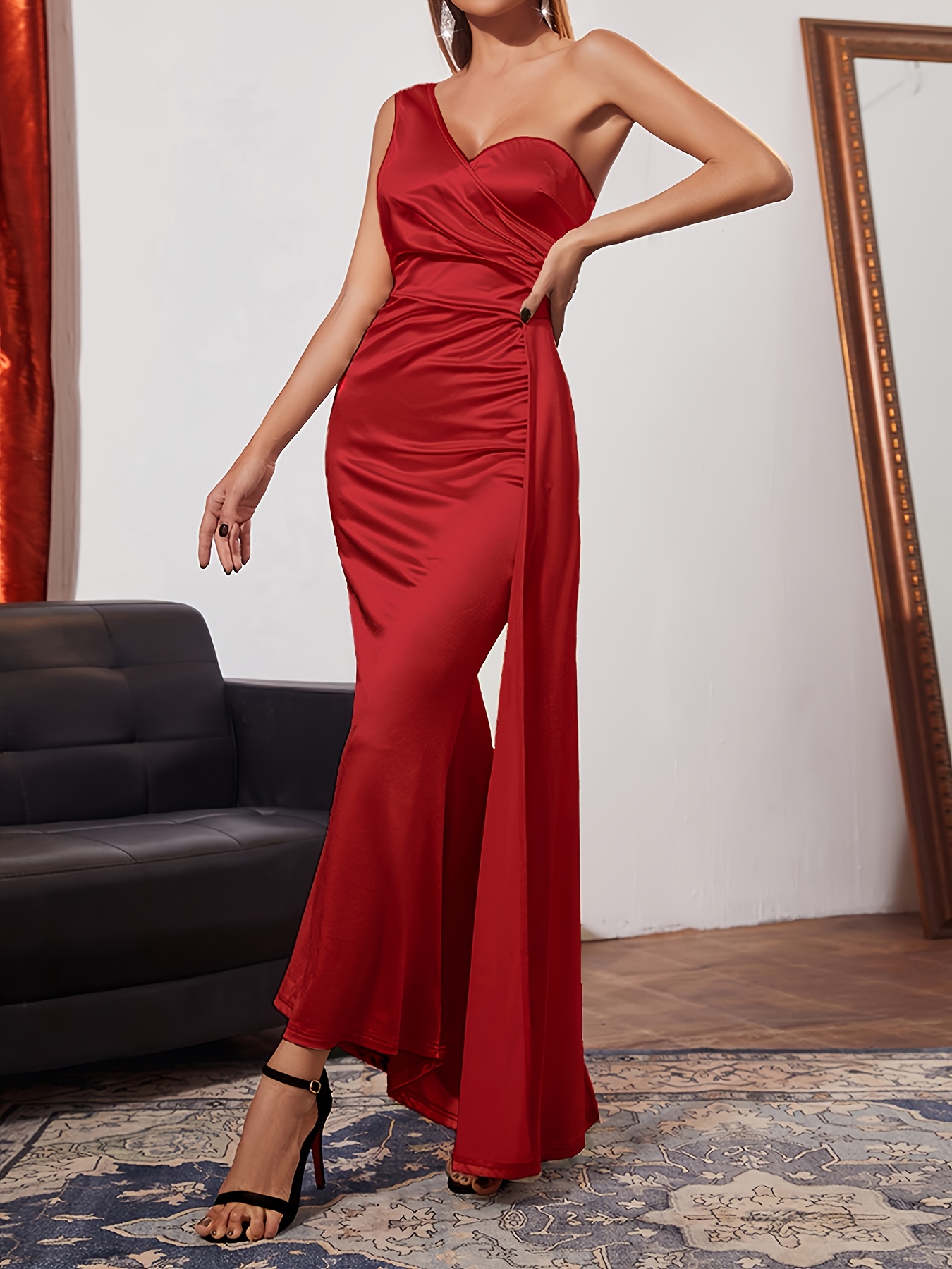 Ruffled One-Shoulder Formal Long Evening Gown