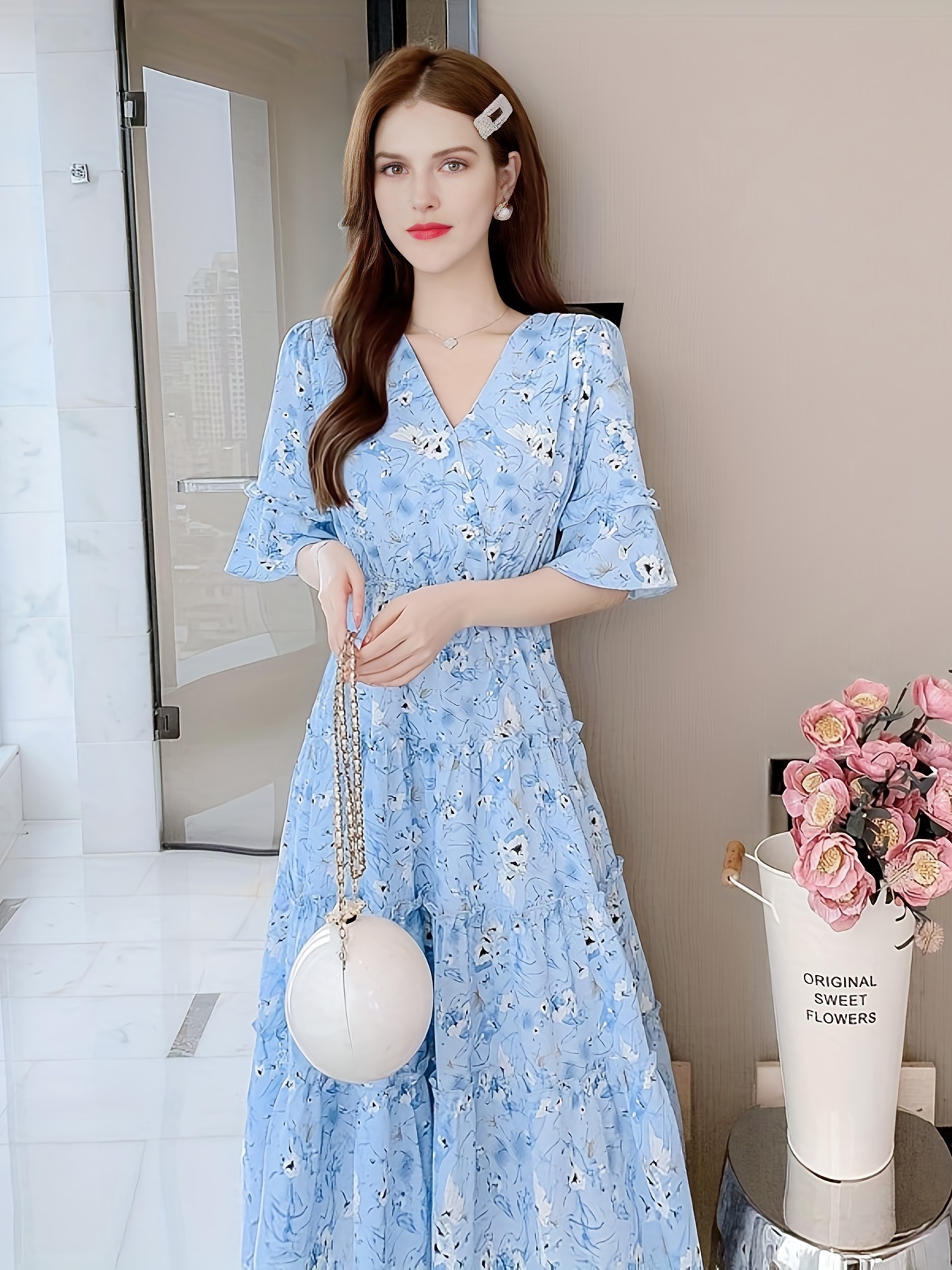 Floral Print Shirred Waist Dress Elegant V Neck Short Sleeve A
