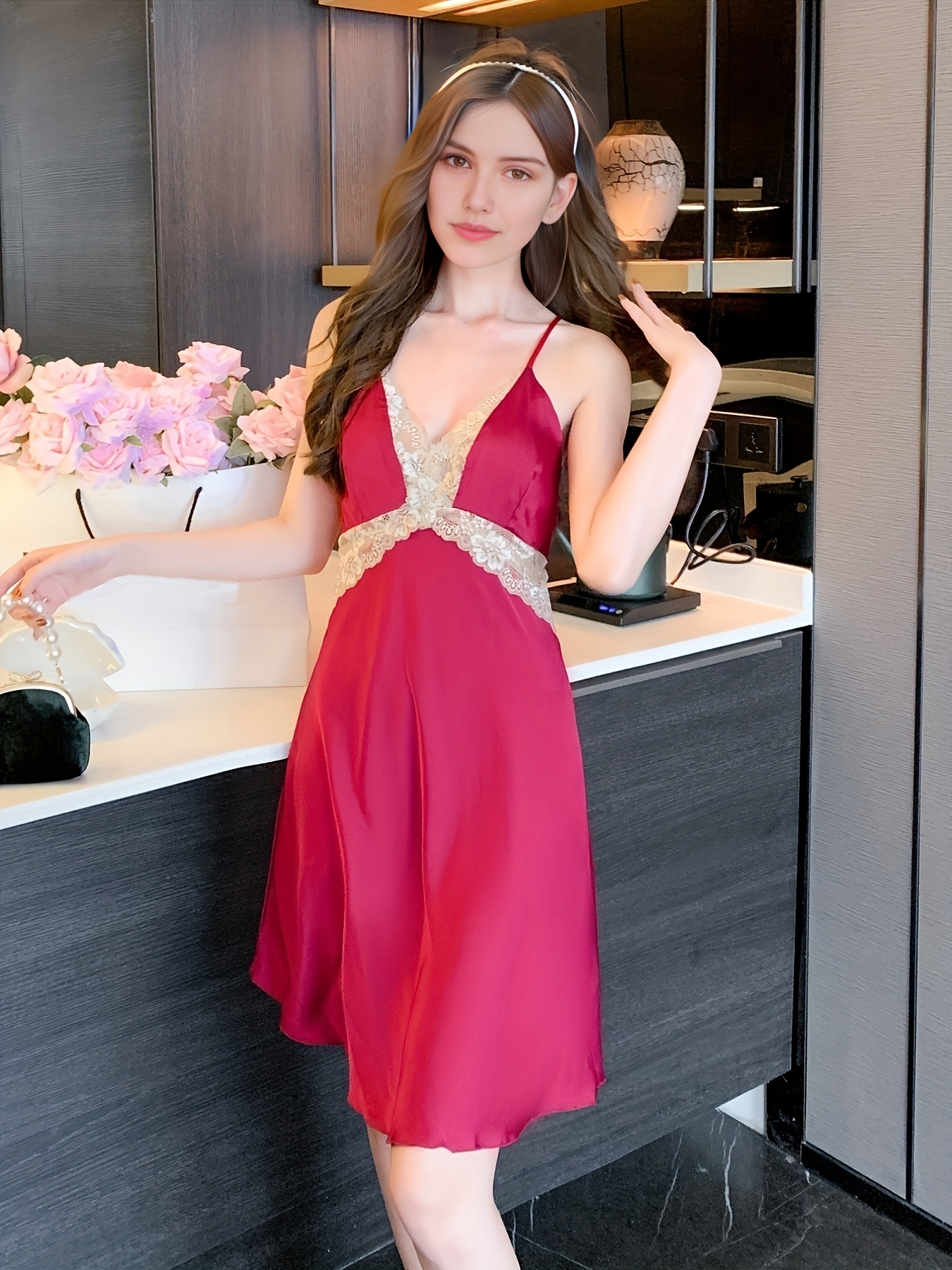 Women's Autumn Winter Elegant Satin Nightdress Sexy Lace - Temu