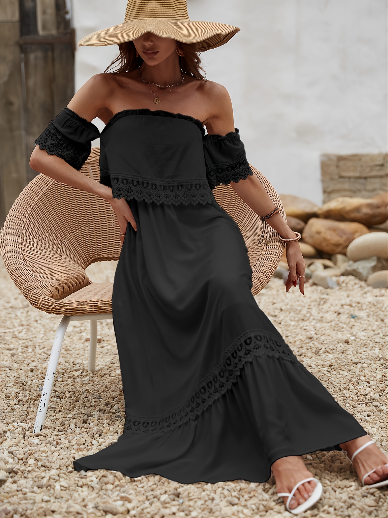 Women s Elegant Shoulder Dress Solid Backless Vacation Ankle Temu