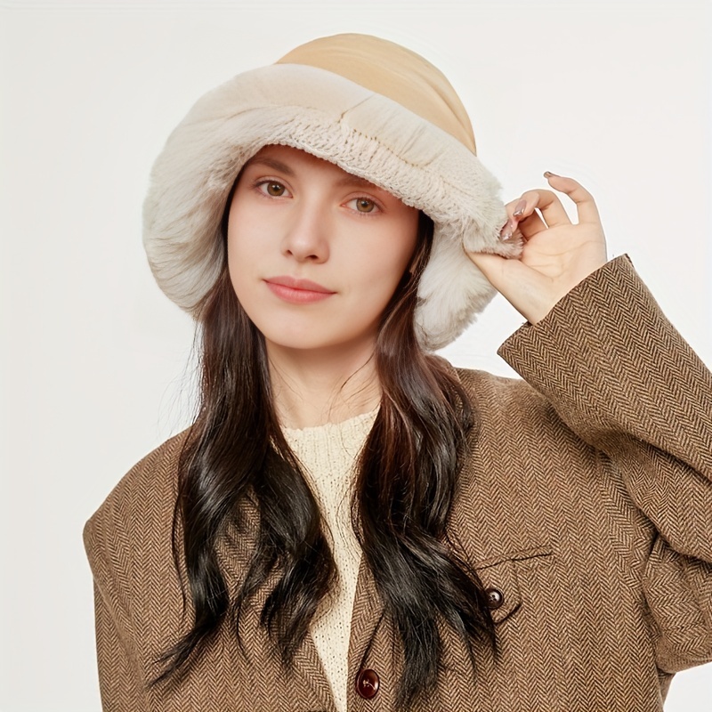 Elegant Warm Fleece Bucket Hat Women Color Block Thick Plush - Temu