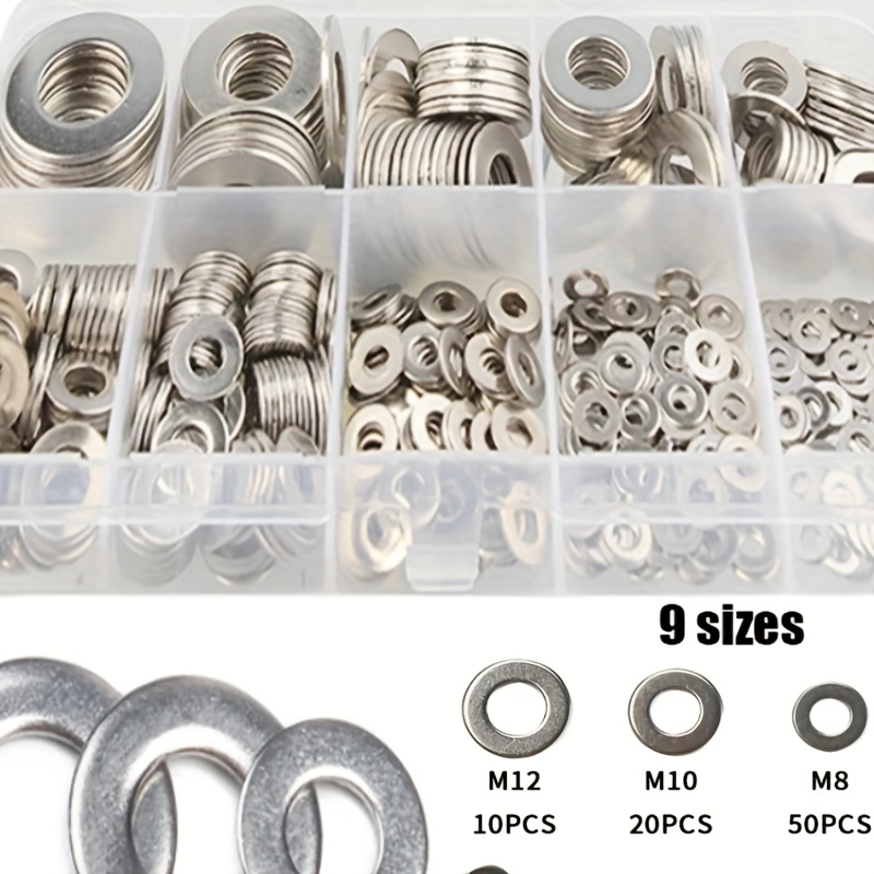 

304 Stainless Steel Flat Washers Assortment Kit, 580pcs, Polished Metal Washers Set In Multiple Sizes M2 M2.5 M3 M4 M5 M6 M8 M10 For Screws And Bolts, Durable Lock Washers For Home And Industrial Use