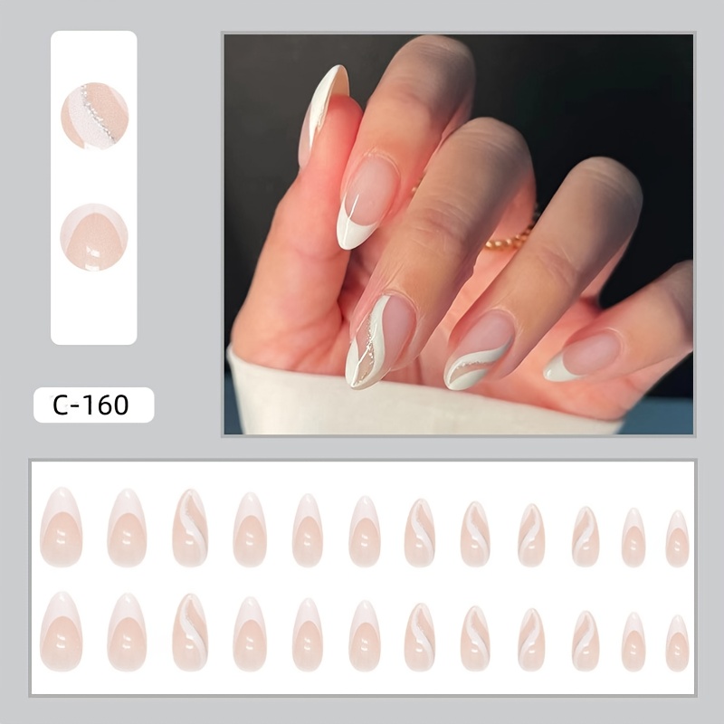 24pcs white french tips press on nails medium almond fake nails with white and glitter line design glossy full cover false nails for women and girls details 0