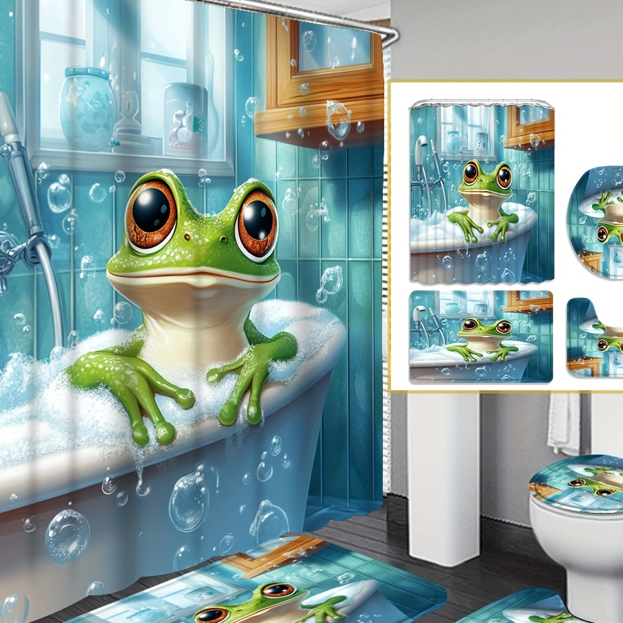 

1pc/4pcs Frogs, Background Pattern Shower Curtain, Decoration, Waterproof Fabric Shower Curtain Set With 12 Hooks, Non-slip Bathroom Carpet, U-shaped Toilet Mat, Toilet Seat Cover, Bathroom Decoration