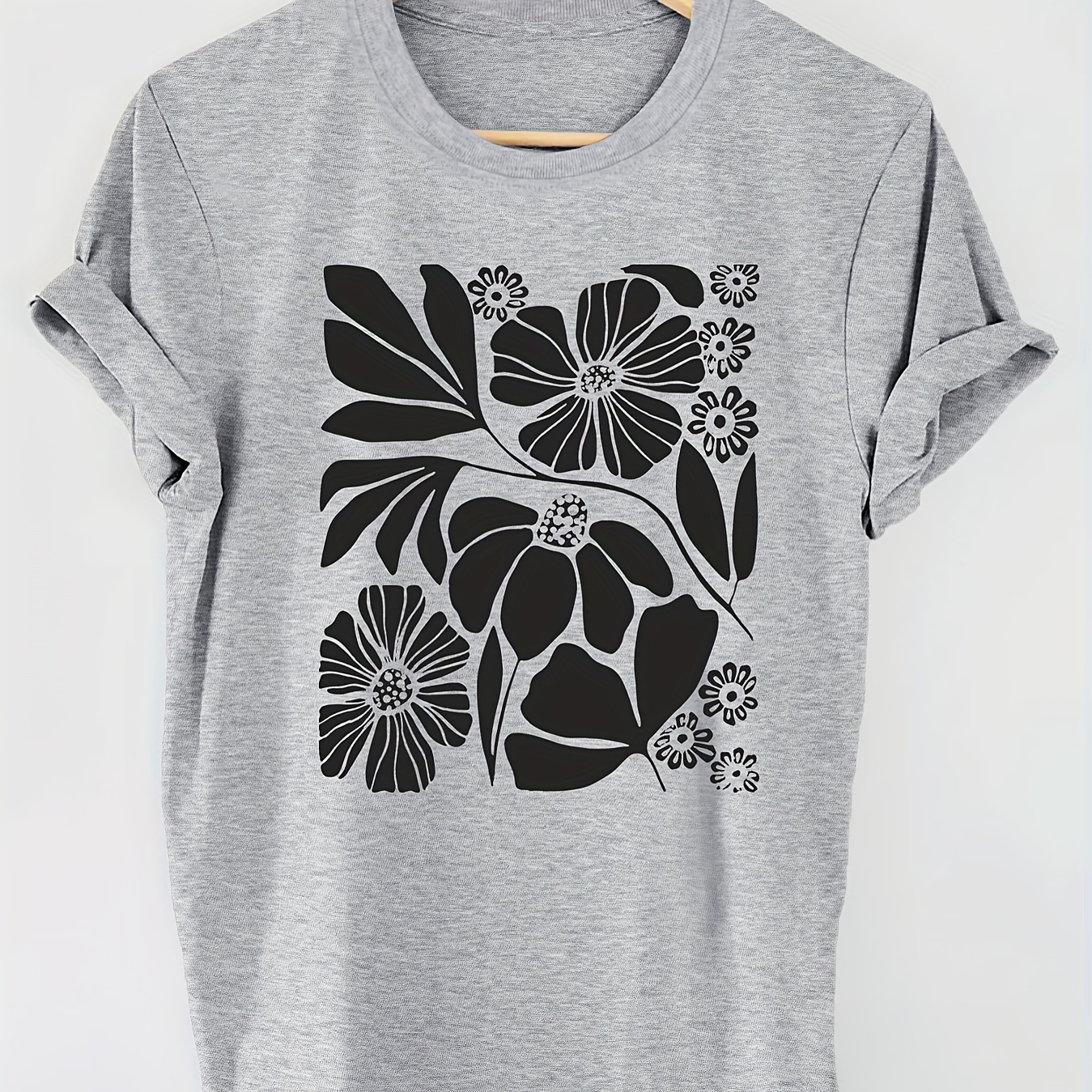 

Floral Graphic Print Knitted T-shirt, Short Sleeve Crew Neck Casual Top For Summer & Spring, Women's Clothing
