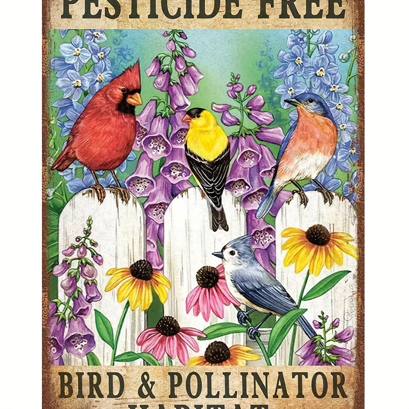 

1pc Vintage Garden Signs Pesticide Free Bird Pollinator Yard For Restroom Bar Club Cafe Home Restaurant Wall Decoration 7.9x11.9inch Aluminum