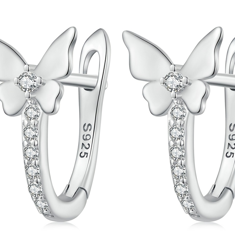 

925 Silver Hypoallergenic Butterfly Shaped Hoop Earrings Embellished With Zircon Simple Elegant Style Delicate Gifts For Women