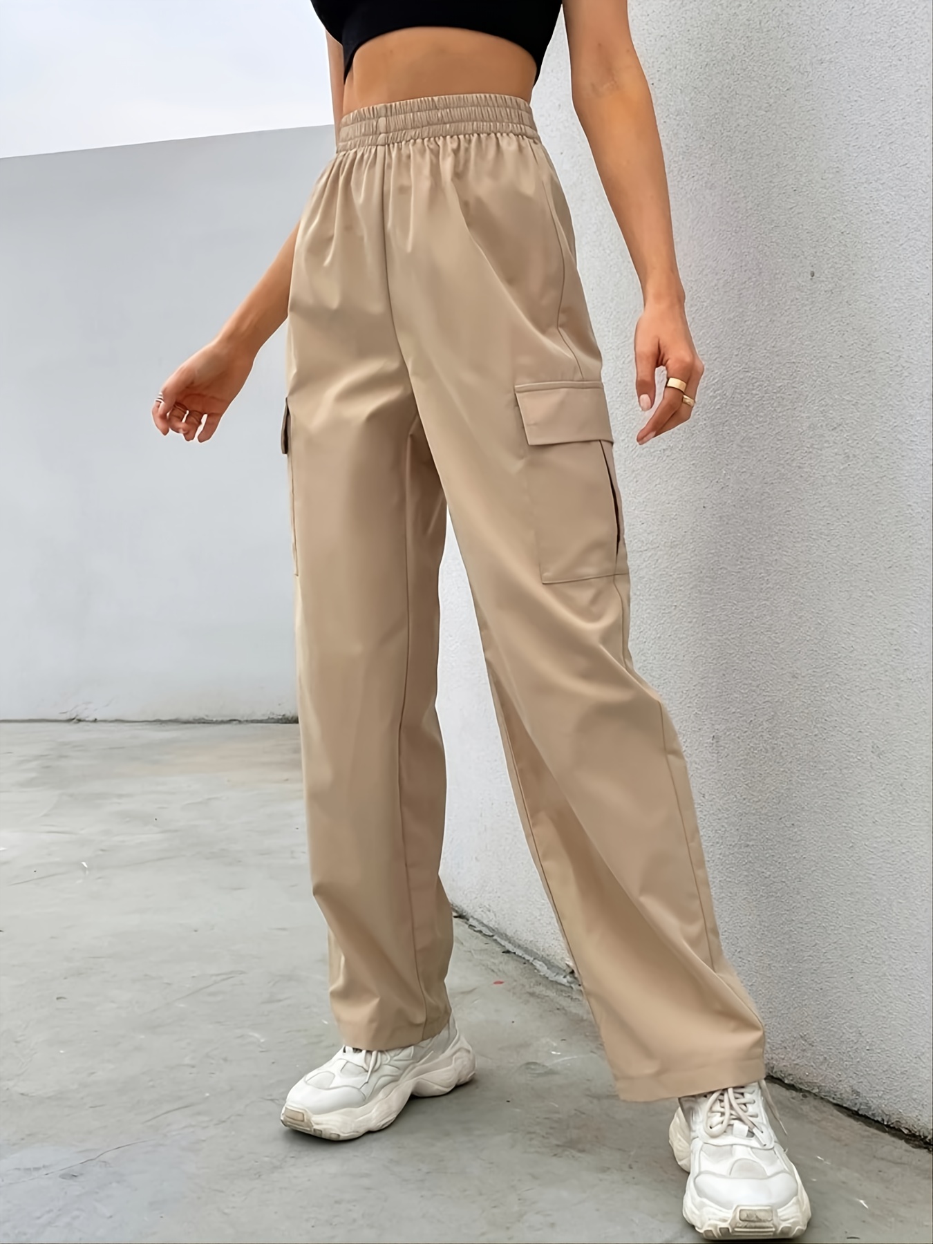 Casual Solid Cargo Pants, High Waist Pants, Women's Clothing
