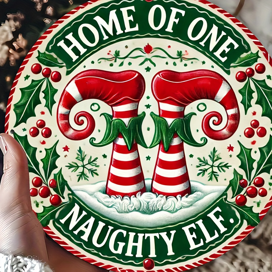 

1pc Rustic Iron Round Metal Sign "home Of 1 Naughty Elf" - 8x8 Inch Christmas Wreath Door Mount Plaque For Holiday Room Wall Decor, Multipurpose Use Without Electricity