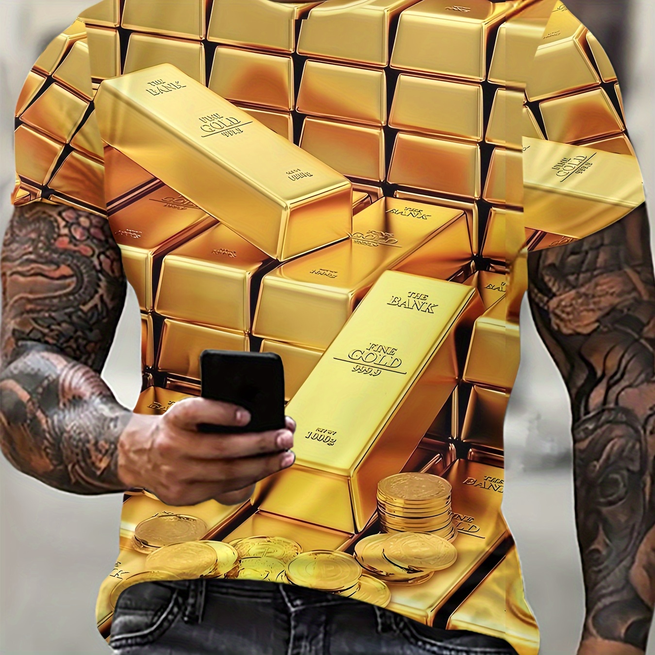 

Men's 3d Digital Golden Brick Pattern Crew Neck And Short Sleeve T-shirt, Stylish And Cool Summer Tops For Daily And Outdoors Leisurewear