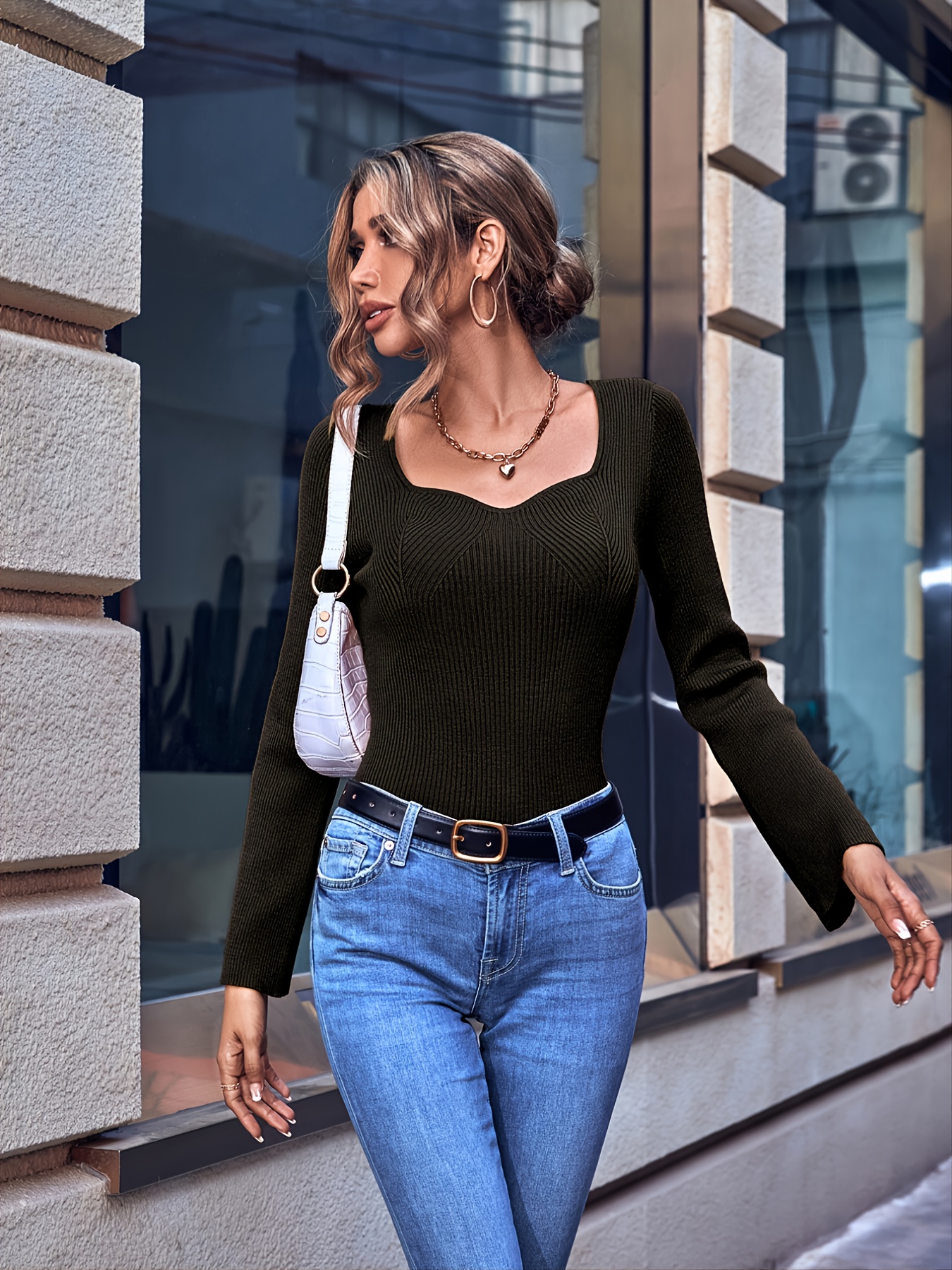 Sexy Slim Square Neck Sweater, Casual Long Sleeve Loose Fall Winter Knit  Sweater, Women's Clothing