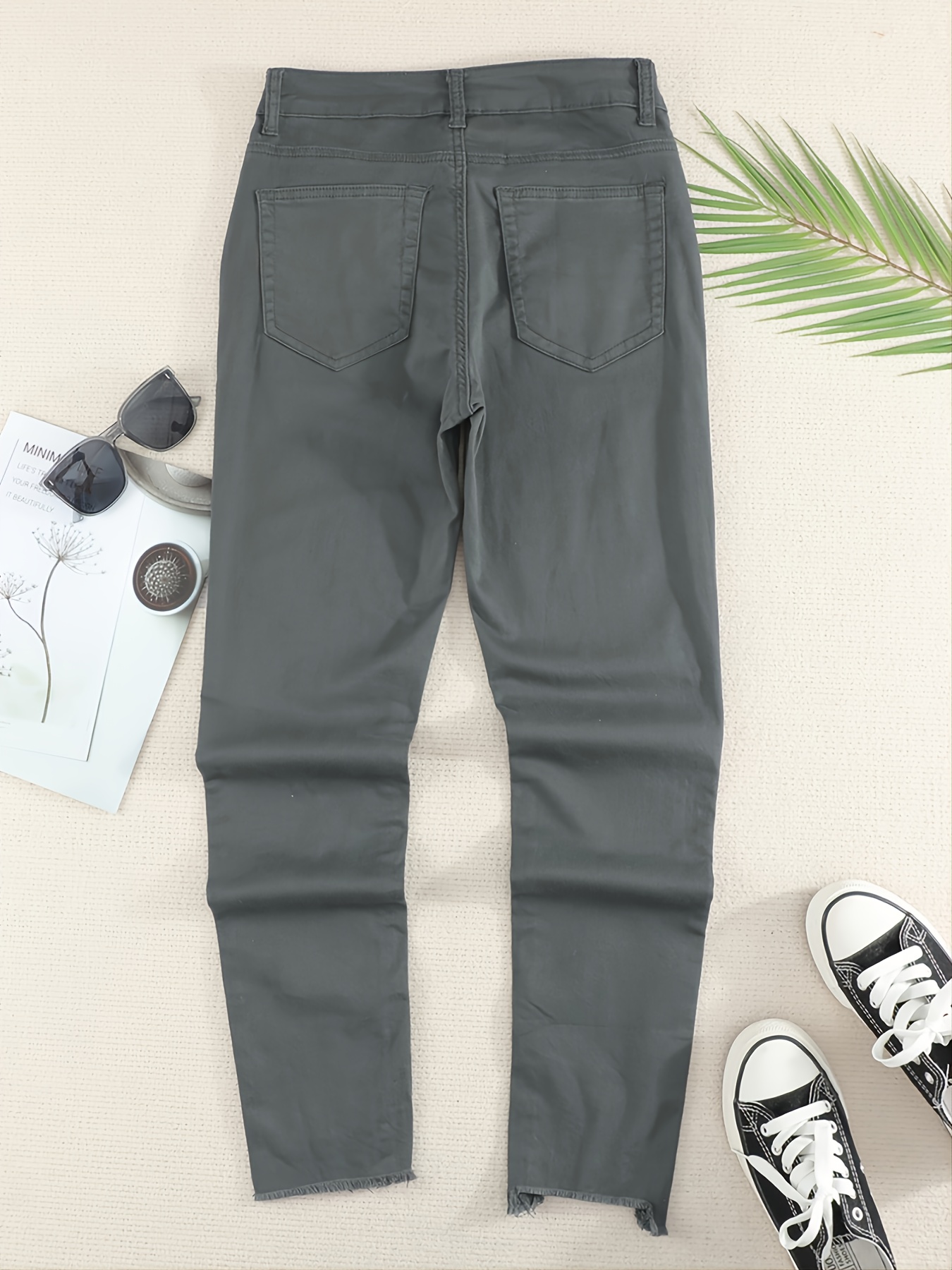 Women's Grey Denim Trousers Slim Fit Skinny Leg Jeans Button - Temu