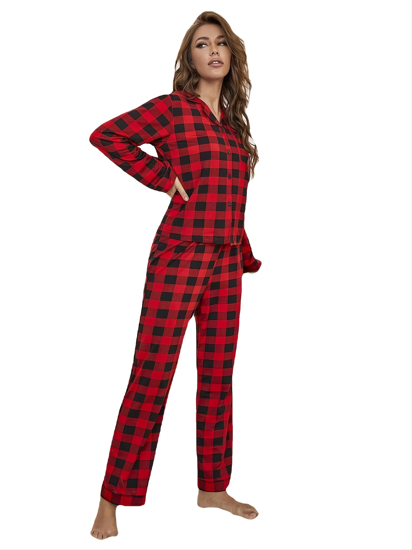 Christmas Plaid Print Pajama Set, Casual Long Sleeve Button Up Top & Lounge  Pants, Women's Sleepwear & Loungewear