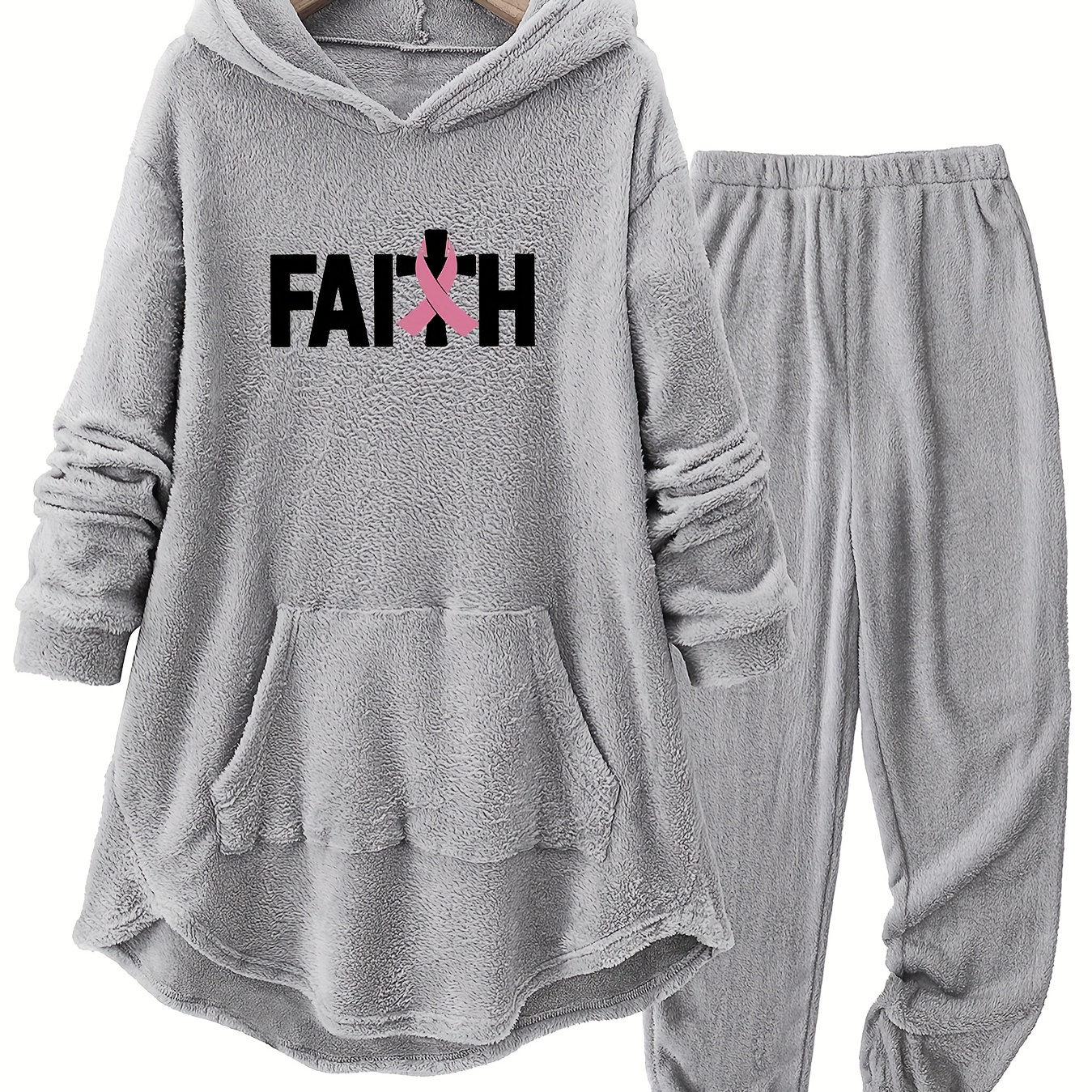 

Plus Size Women's Casual Fleece-lined Hoodie & Joggers Set With Faith Print And Detail - Machine Washable